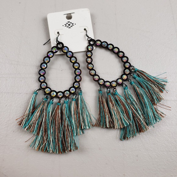 Jewelry - Boho Teal Brown Tassel Statement Earrings AB Crystal Copper Verdigris Boho Chic